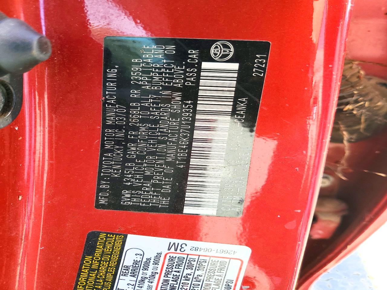 2007 Toyota Camry Le Red vin: 4T1BE46K37U139354