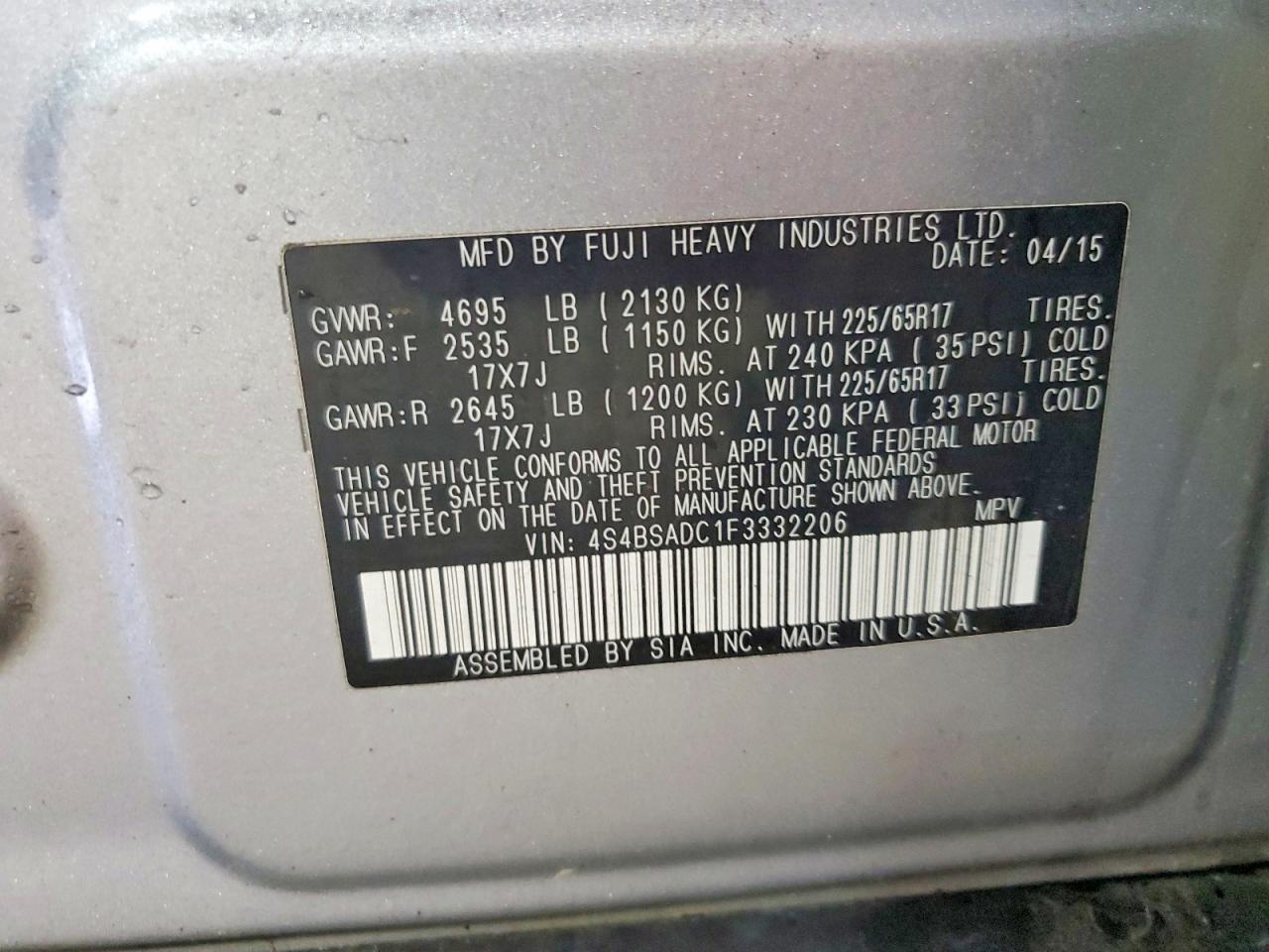 2015 Subaru Outback 2.5i Premium Silver vin: 4S4BSADC1F3332206