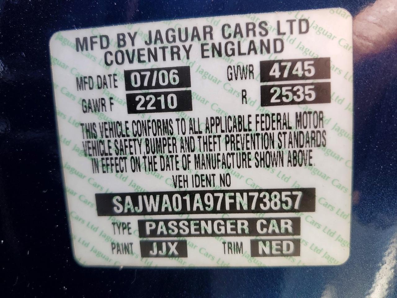 2007 Jaguar S-type Blue vin: SAJWA01A97FN73857
