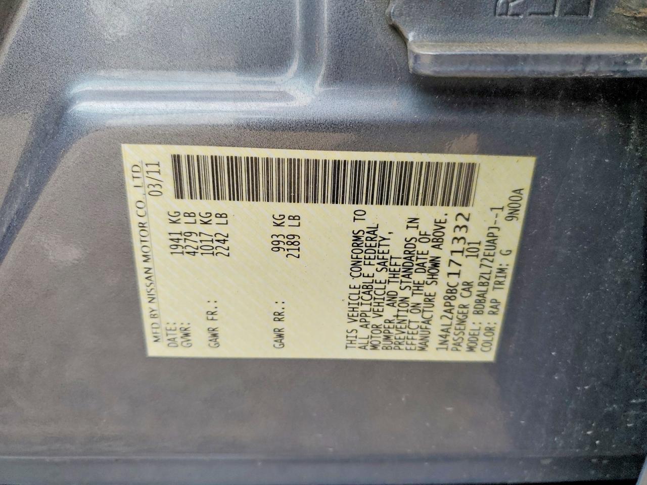 2011 Nissan Altima 2.5 Blue vin: 1N4AL2AP8BC171332