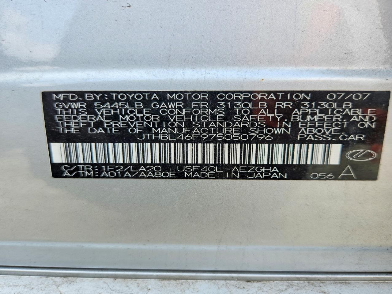 2007 Lexus Ls 460 Gray vin: JTHBL46F975050796