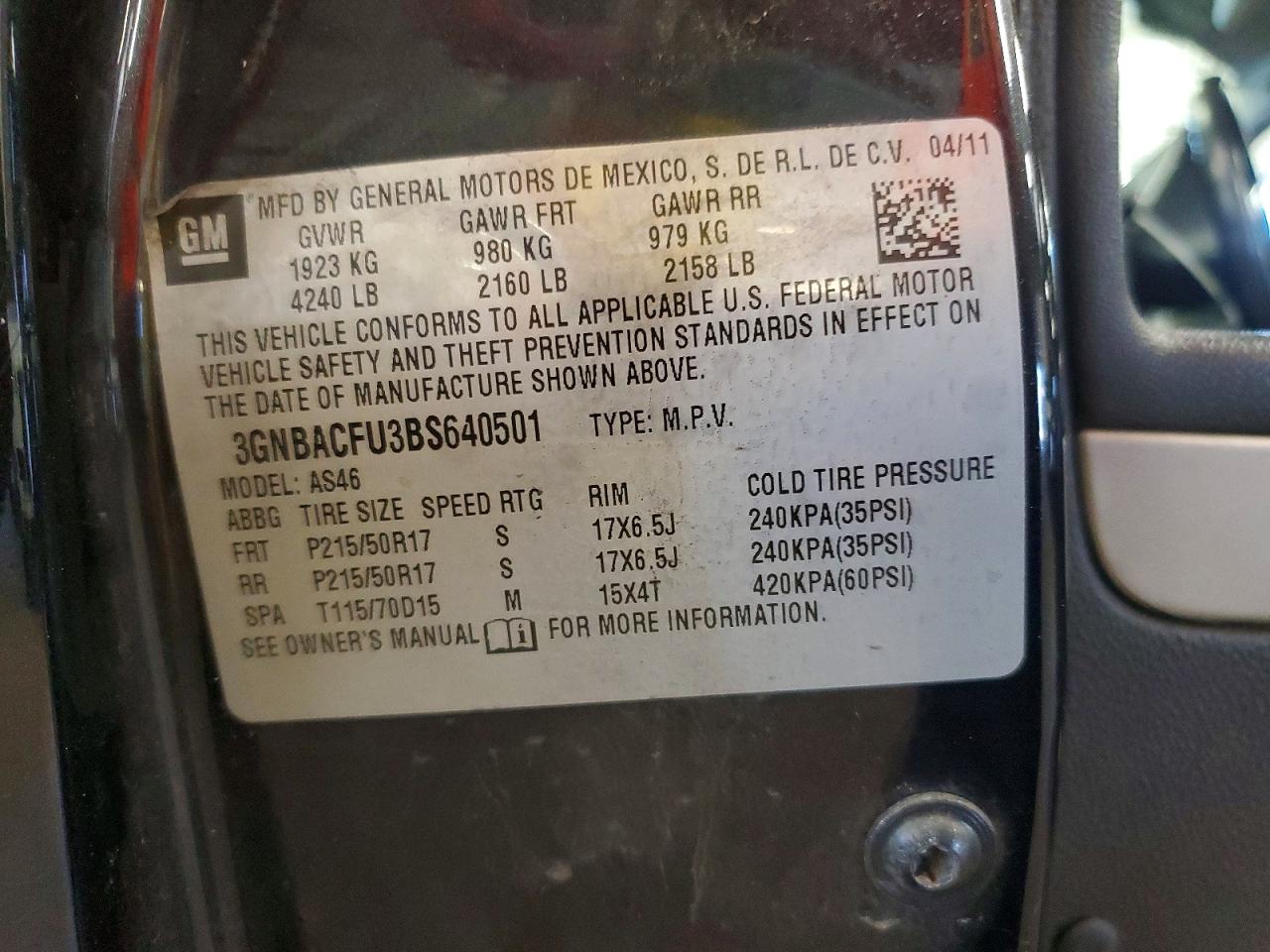 2011 Chevrolet Hhr Lt Black vin: 3GNBACFU3BS640501