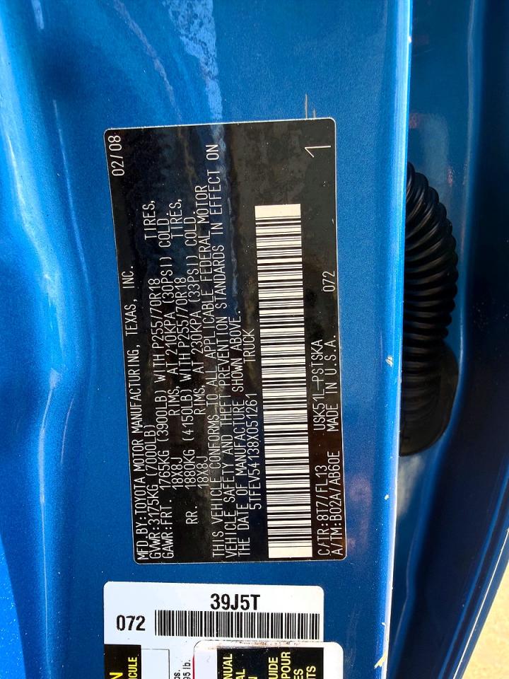 2008 Toyota Tundra Sr5 Blue vin: 5TFEV54138X051261