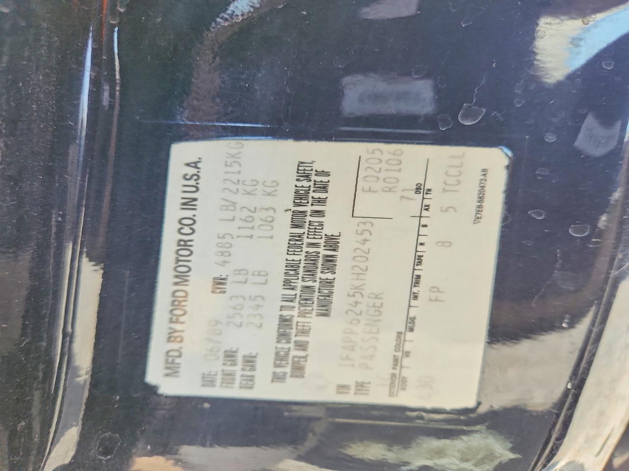 1989 Ford Thunderbird Lx Black vin: 1FAPP6245KH202453
