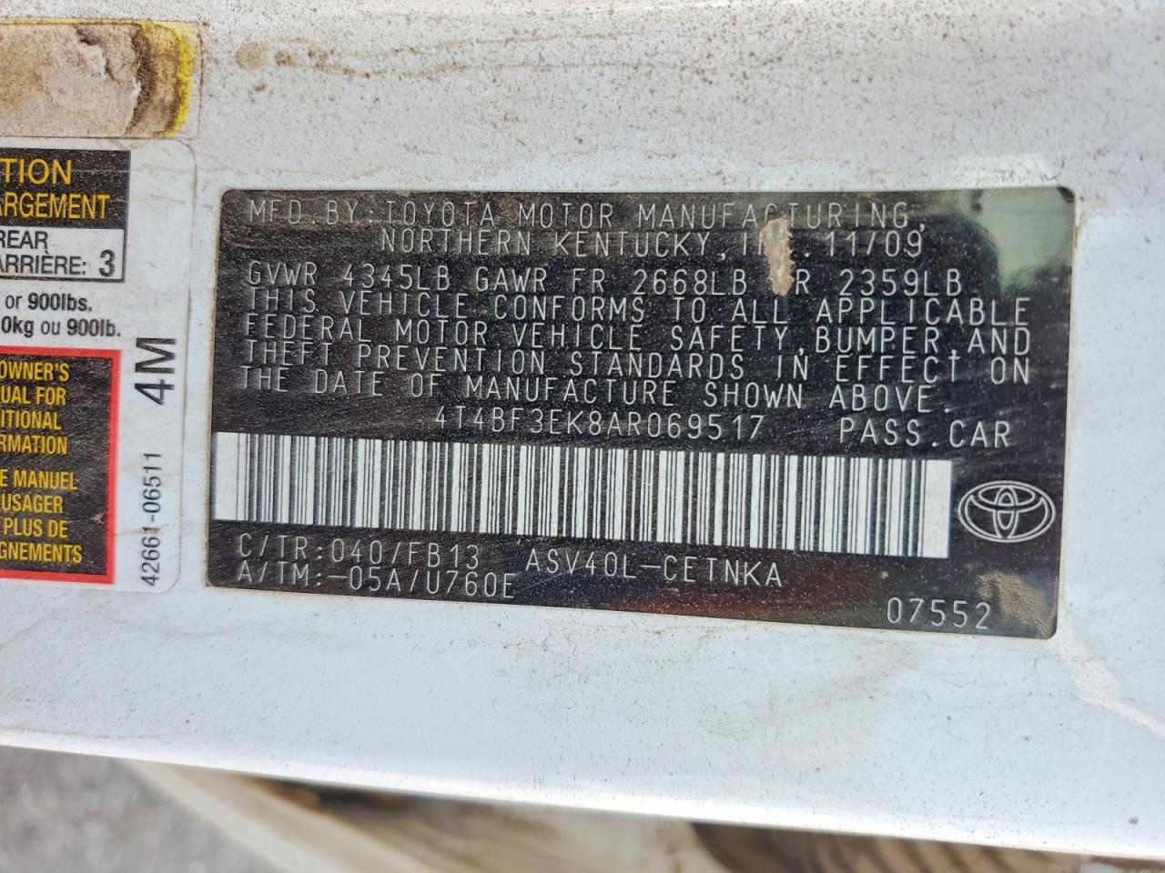 2010 Toyota Camry Le White vin: 4T4BF3EK8AR069517