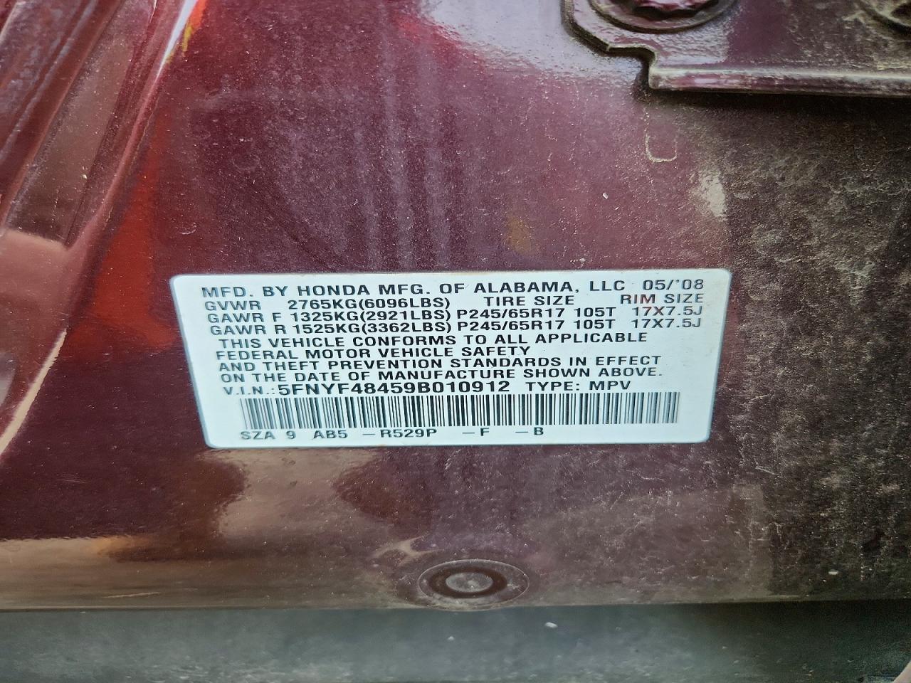 2009 Honda Pilot Ex Red vin: 5FNYF48459B010912