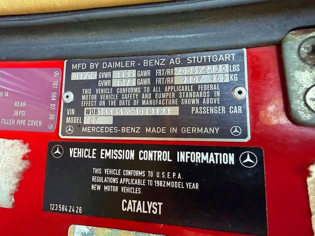 1982 Mercedes-benz 380 Sl Red vin: WDBBA45A6CB013194