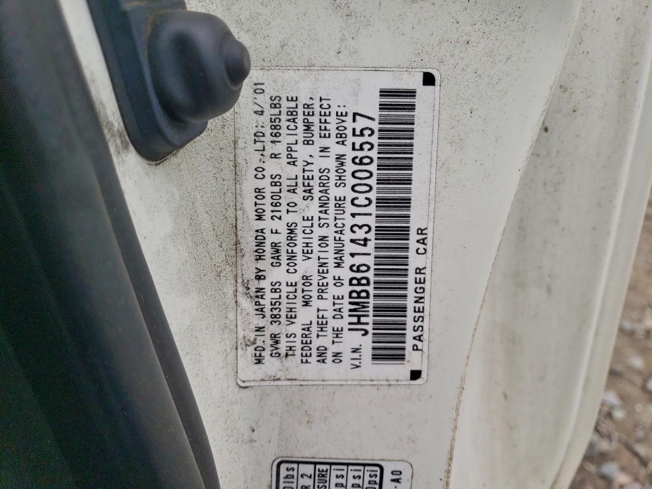 2001 Honda Prelude White vin: JHMBB61431C006557