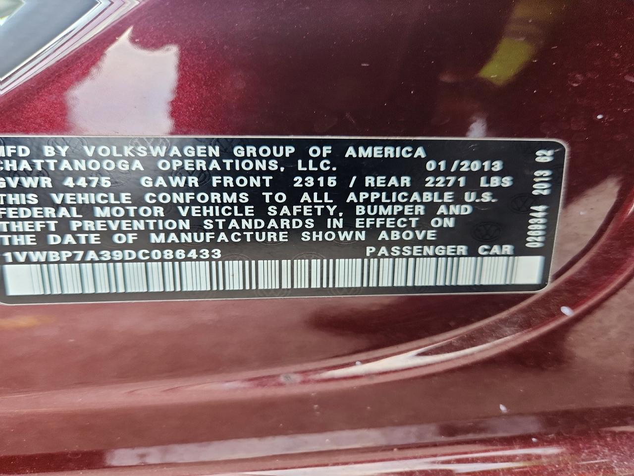 2013 Volkswagen Passat Se Темно-бордовый vin: 1VWBP7A39DC086433