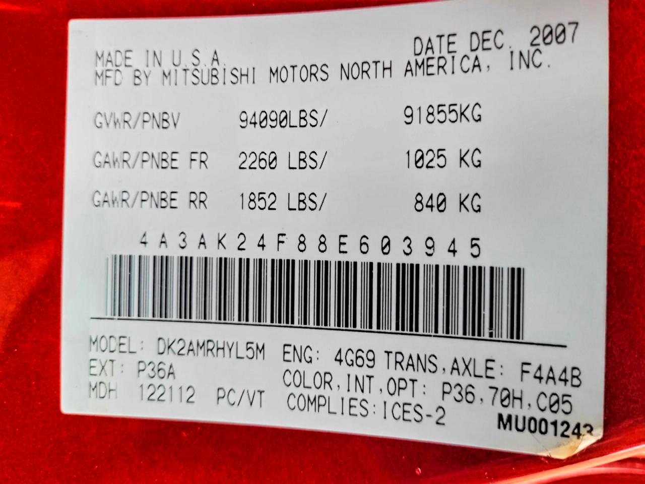 2008 Mitsubishi Eclipse Gs Red vin: 4A3AK24F88E603945