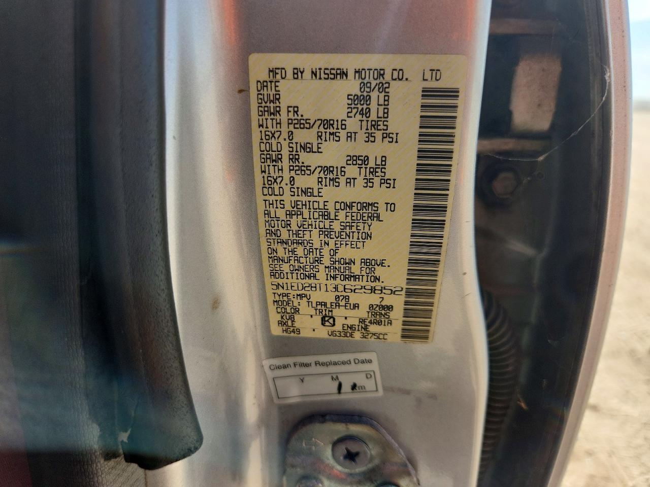 2003 Nissan Xterra Xe-v6 Silver vin: 5N1ED28T13C629852