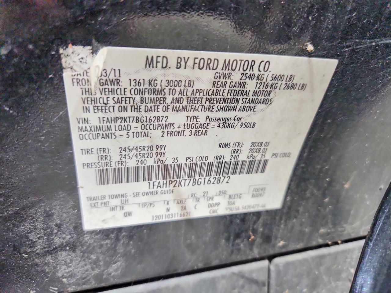 2011 Ford Taurus Sho Black vin: 1FAHP2KT7BG162872