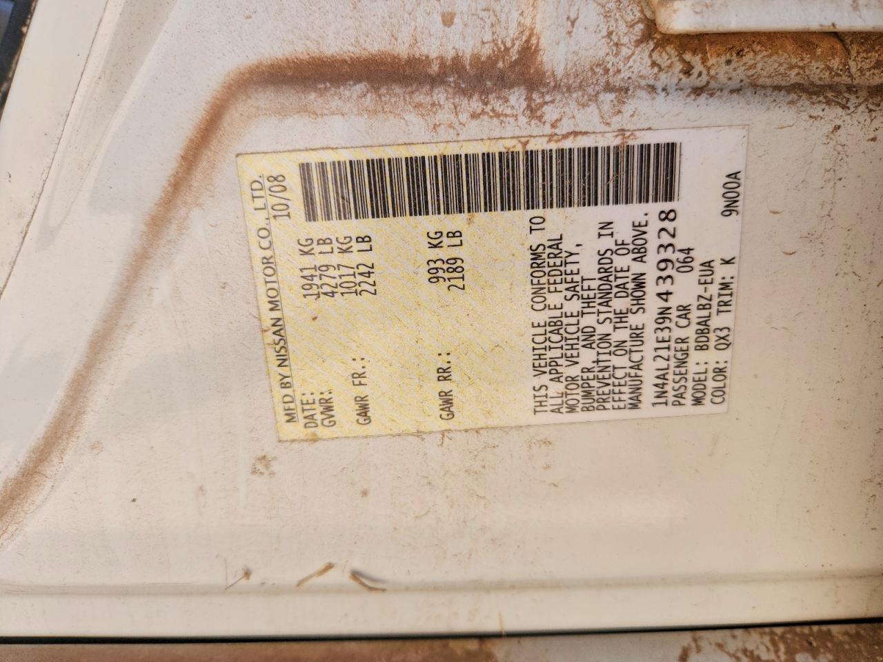 2009 Nissan Altima 2.5 White vin: 1N4AL21E39N439328