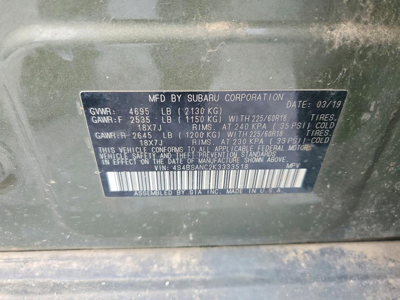 2019 Subaru Outback 2.5i Limited Green vin: 4S4BSANC2K3333518