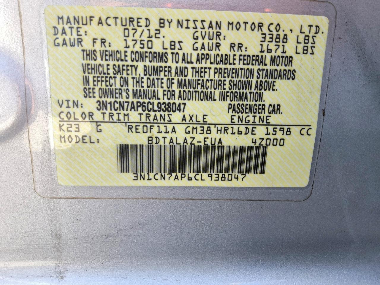 2012 Nissan Versa 1.6 S Silver vin: 3N1CN7AP6CL938047