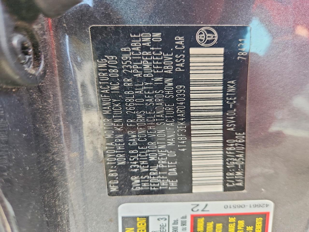 2010 Toyota Camry Le Gray vin: 4T4BF3EK4AR040399