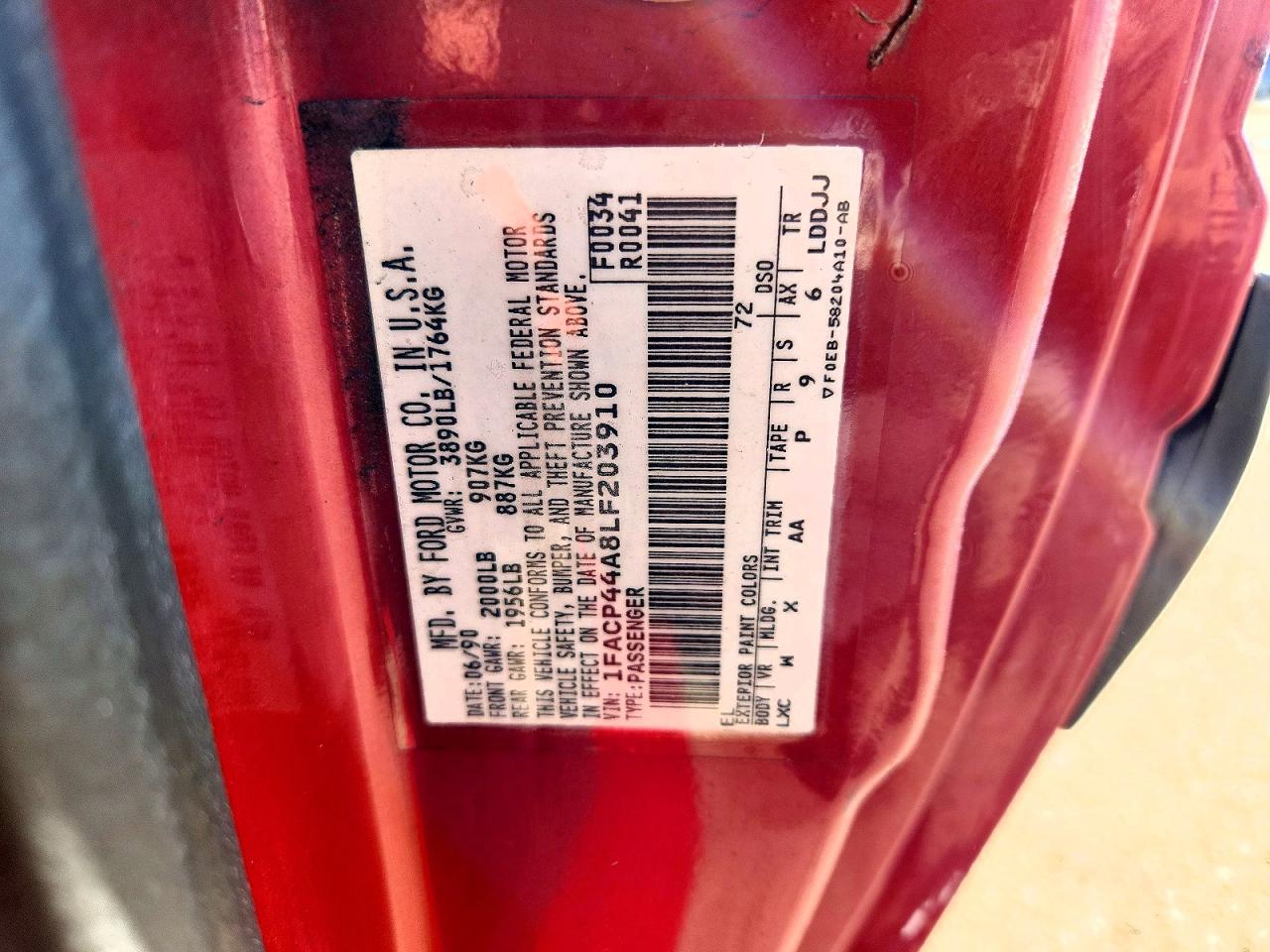 1990 Ford Mustang Lx Red vin: 1FACP44A8LF203910