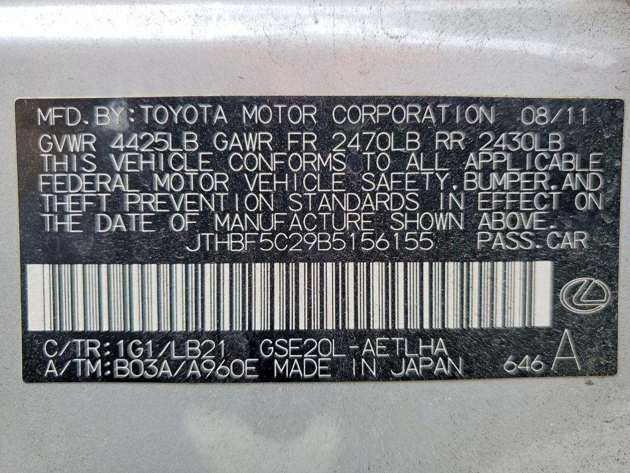 2011 Lexus Is 250 Silver vin: JTHBF5C29B5156155