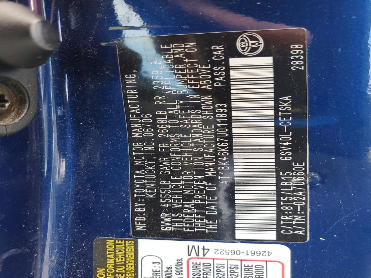 2007 Toyota Camry Se V6 Blue vin: 4T1BK46K67U011893