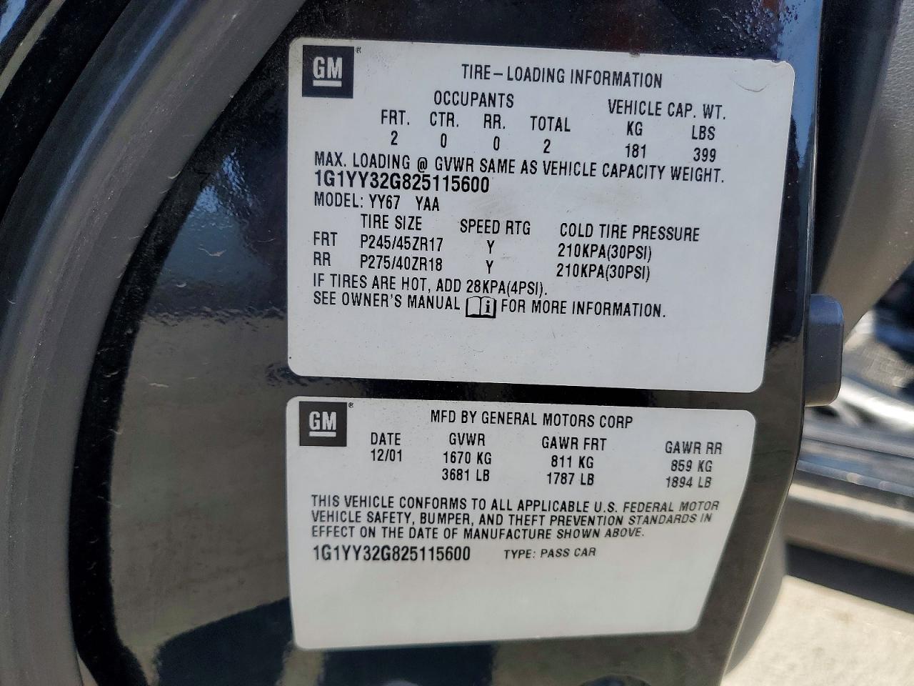 2002 Chevrolet Corvette Black vin: 1G1YY32G825115600