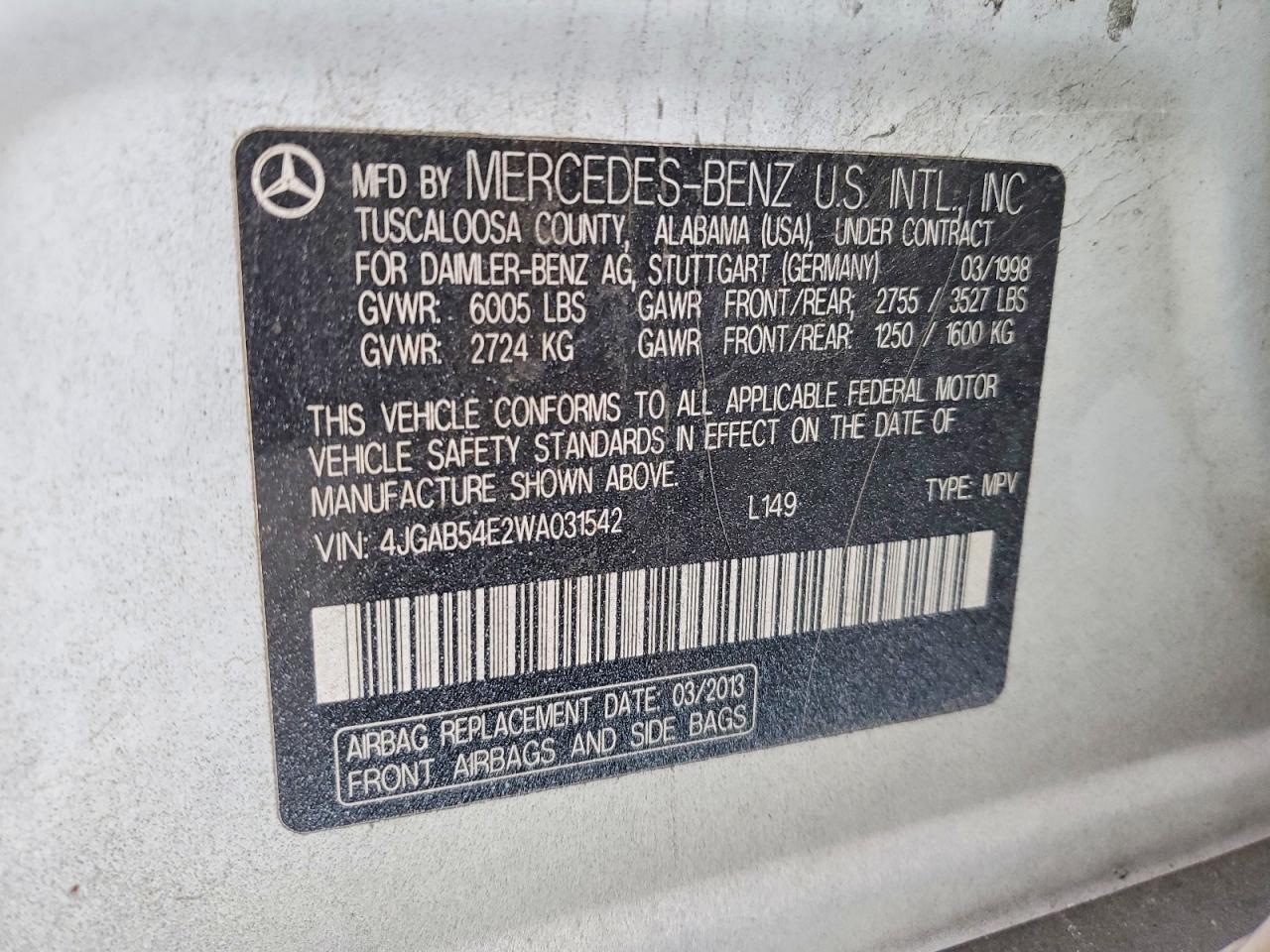 1998 Mercedes-benz Ml 320 White vin: 4JGAB54E2WA031542