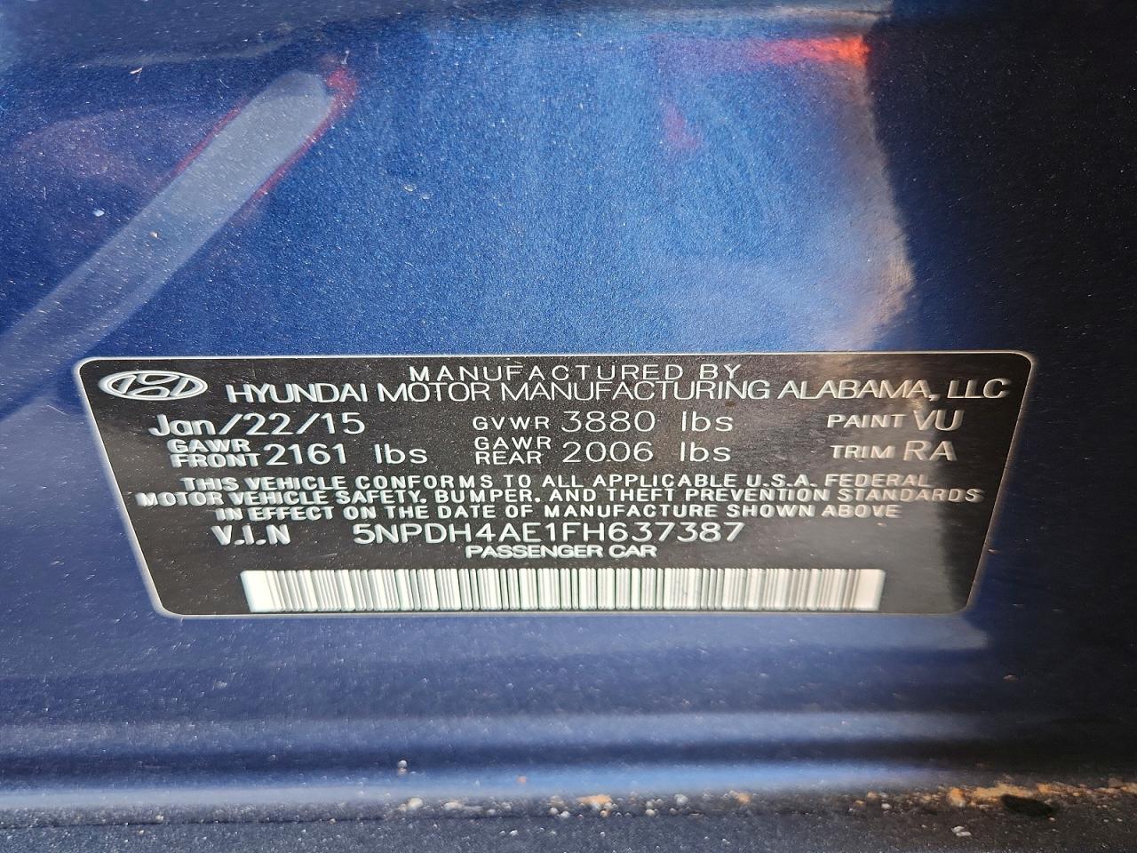 2015 Hyundai Elantra Se Синий vin: 5NPDH4AE1FH637387