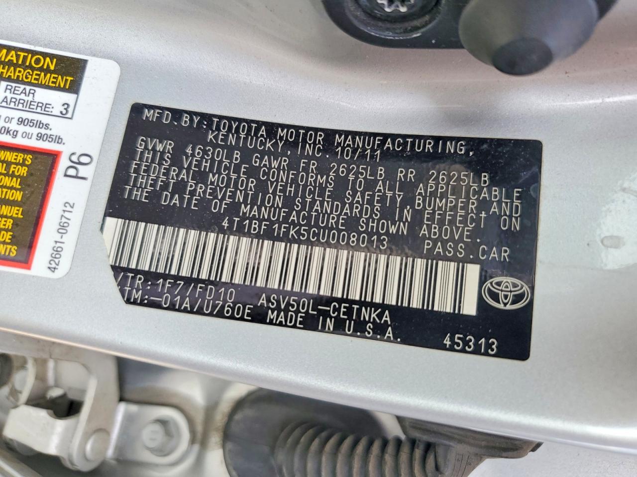 2012 Toyota Camry Le Silver vin: 4T1BF1FK5CU008013