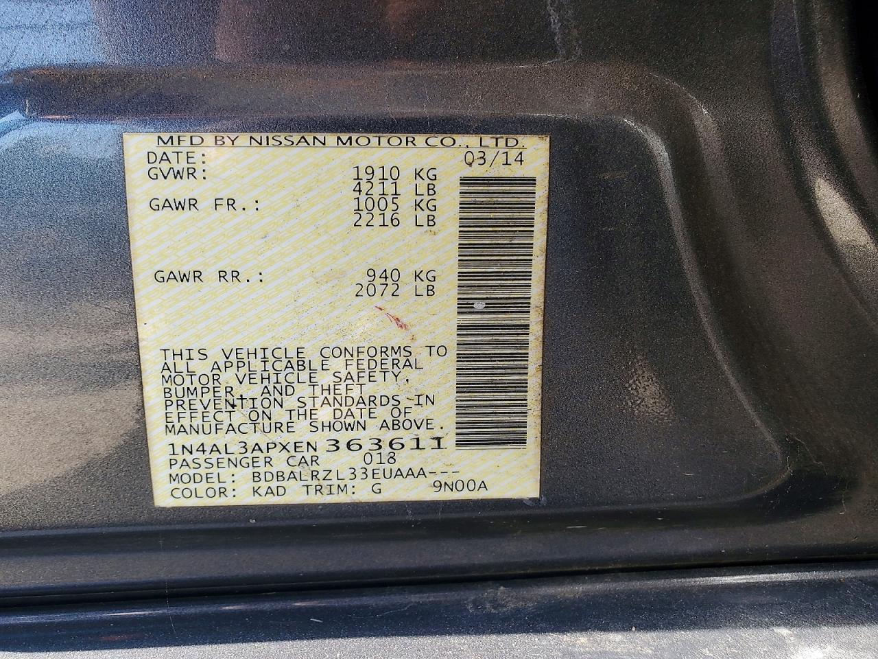 2014 Nissan Altima 2.5 S Угольный vin: 1N4AL3APXEN363611