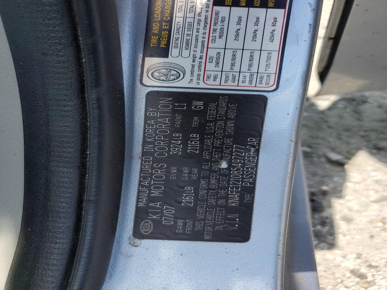 2008 Kia Spectra Lx Blue vin: KNAFE121085497277