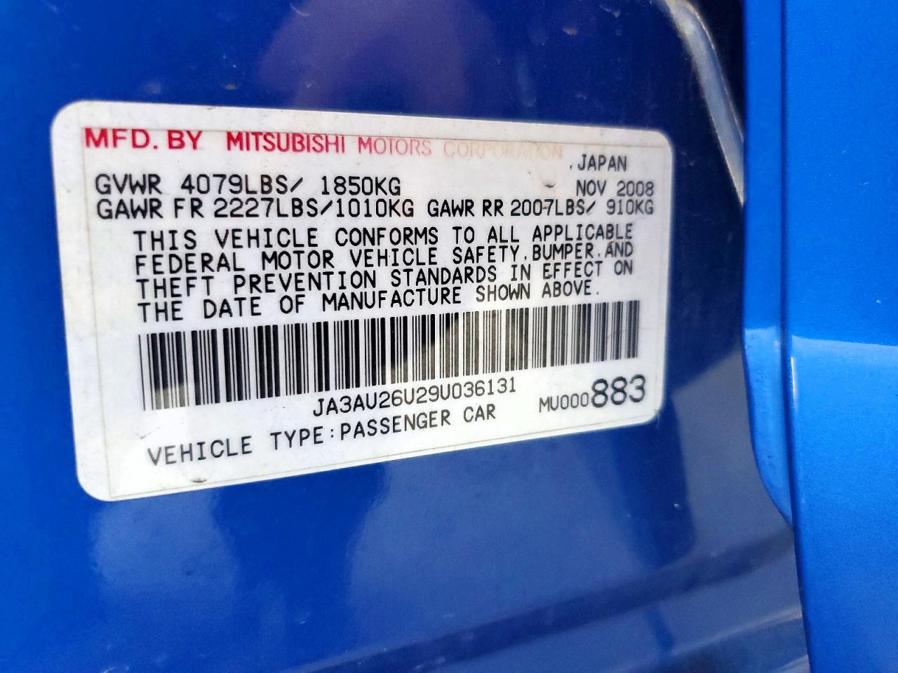 2009 Mitsubishi Lancer Es/es Sport Blue vin: JA3AU26U29U036131