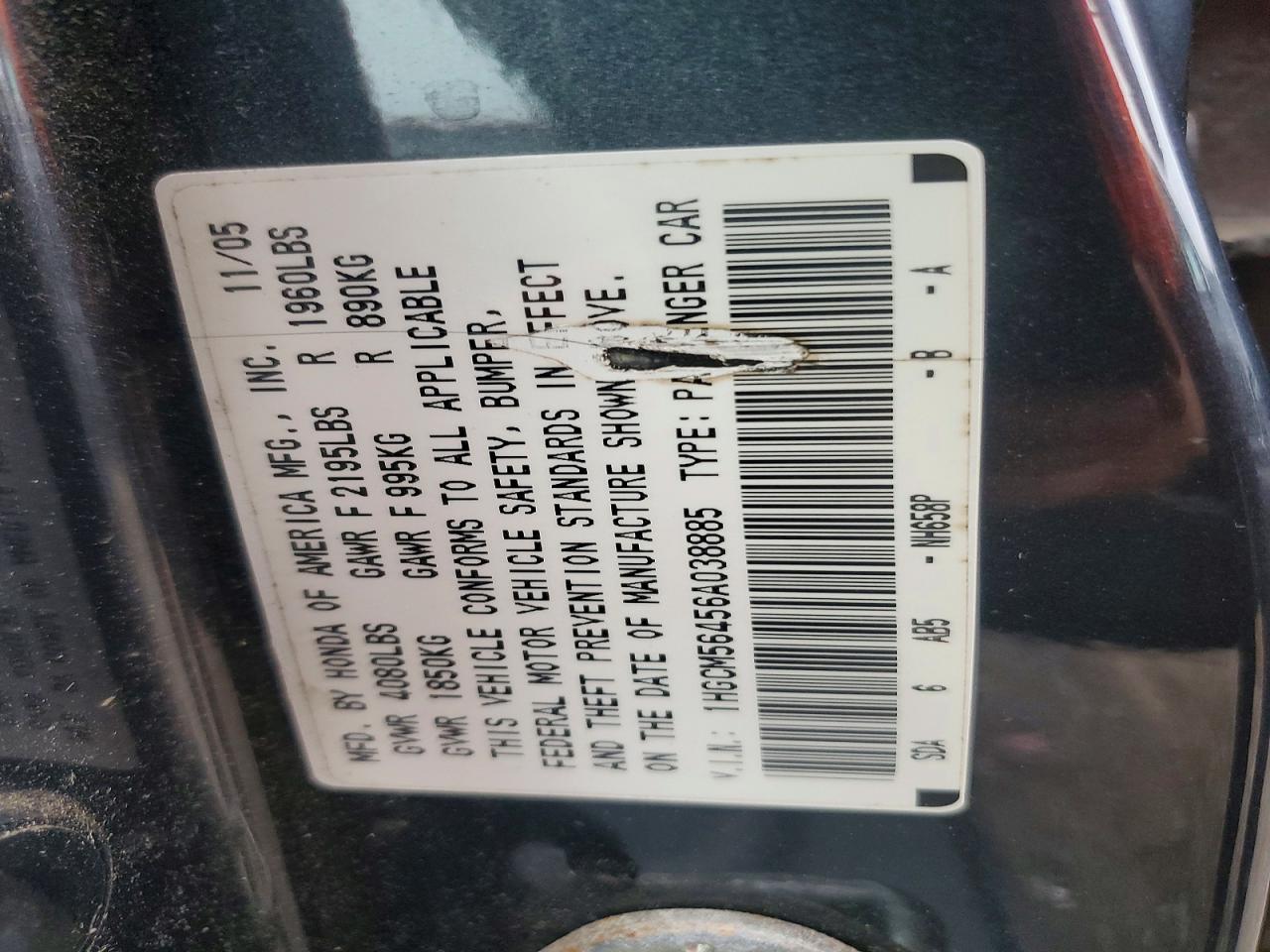 2006 Honda Accord Lx Blue vin: 1HGCM56456A038885