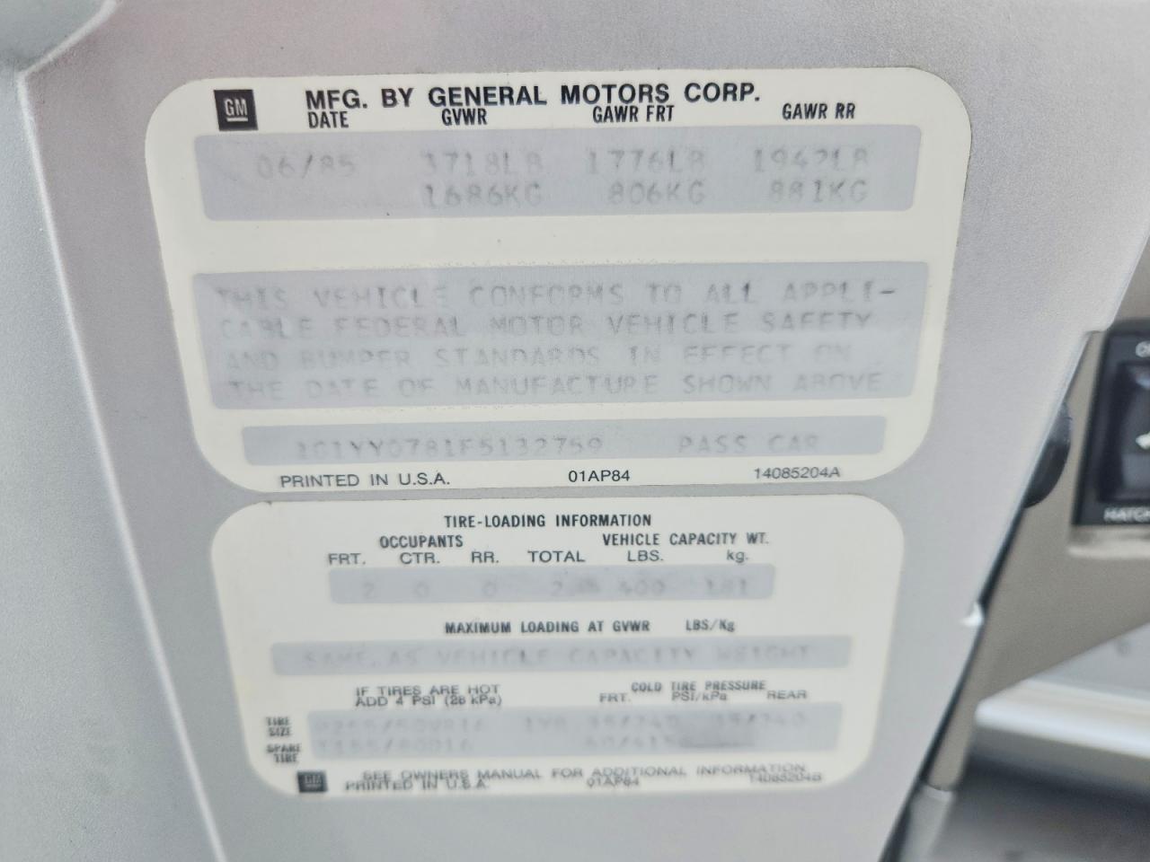 1985 Chevrolet Corvette Silver vin: 1G1YY0781F5132759