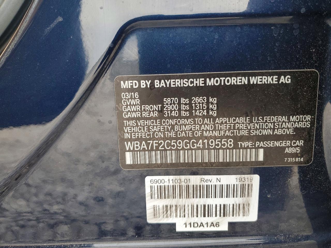 2016 Bmw 750 Xi Blue vin: WBA7F2C59GG419558