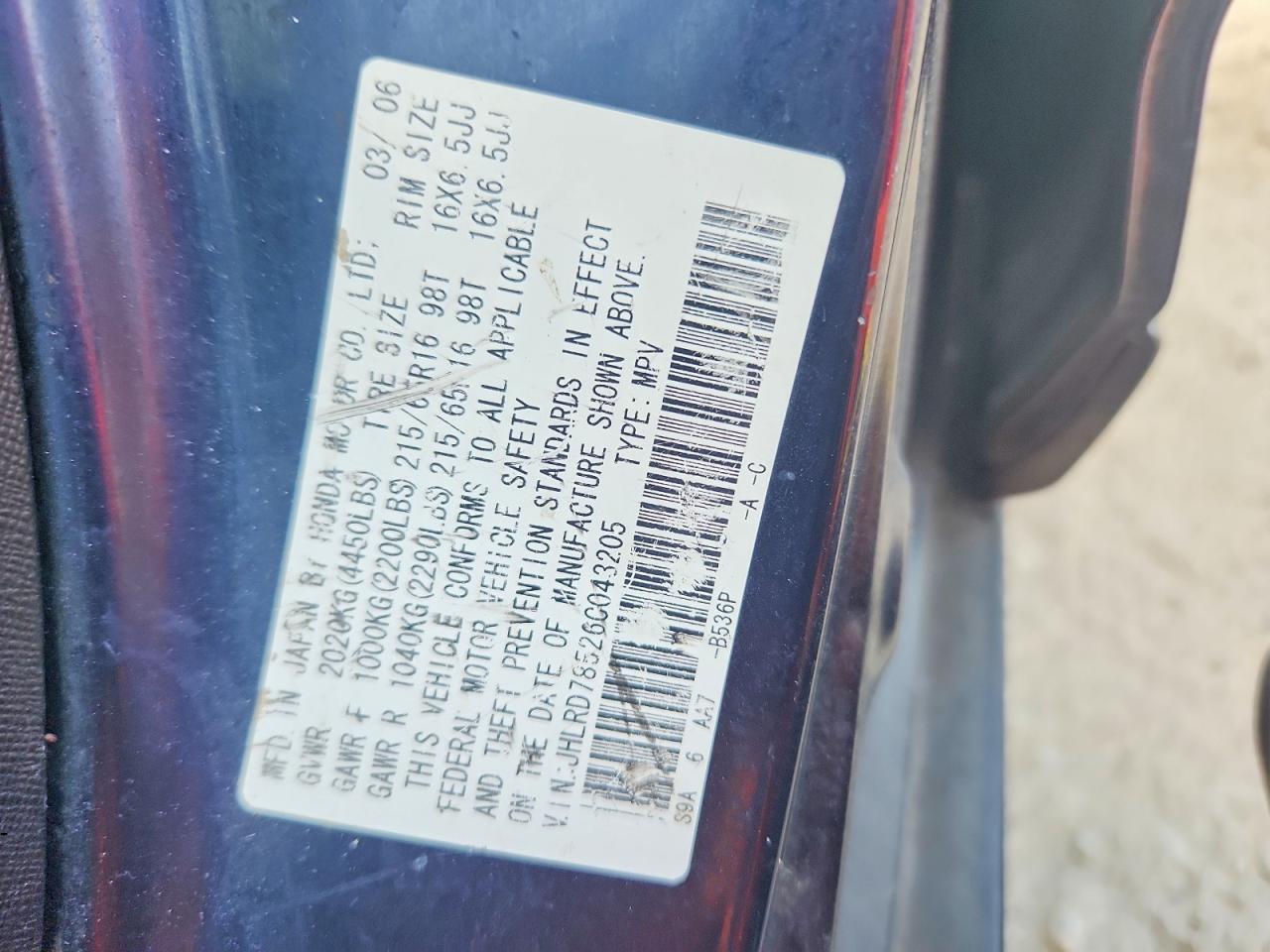 2006 Honda Cr-v Lx Blue vin: JHLRD78526C043205