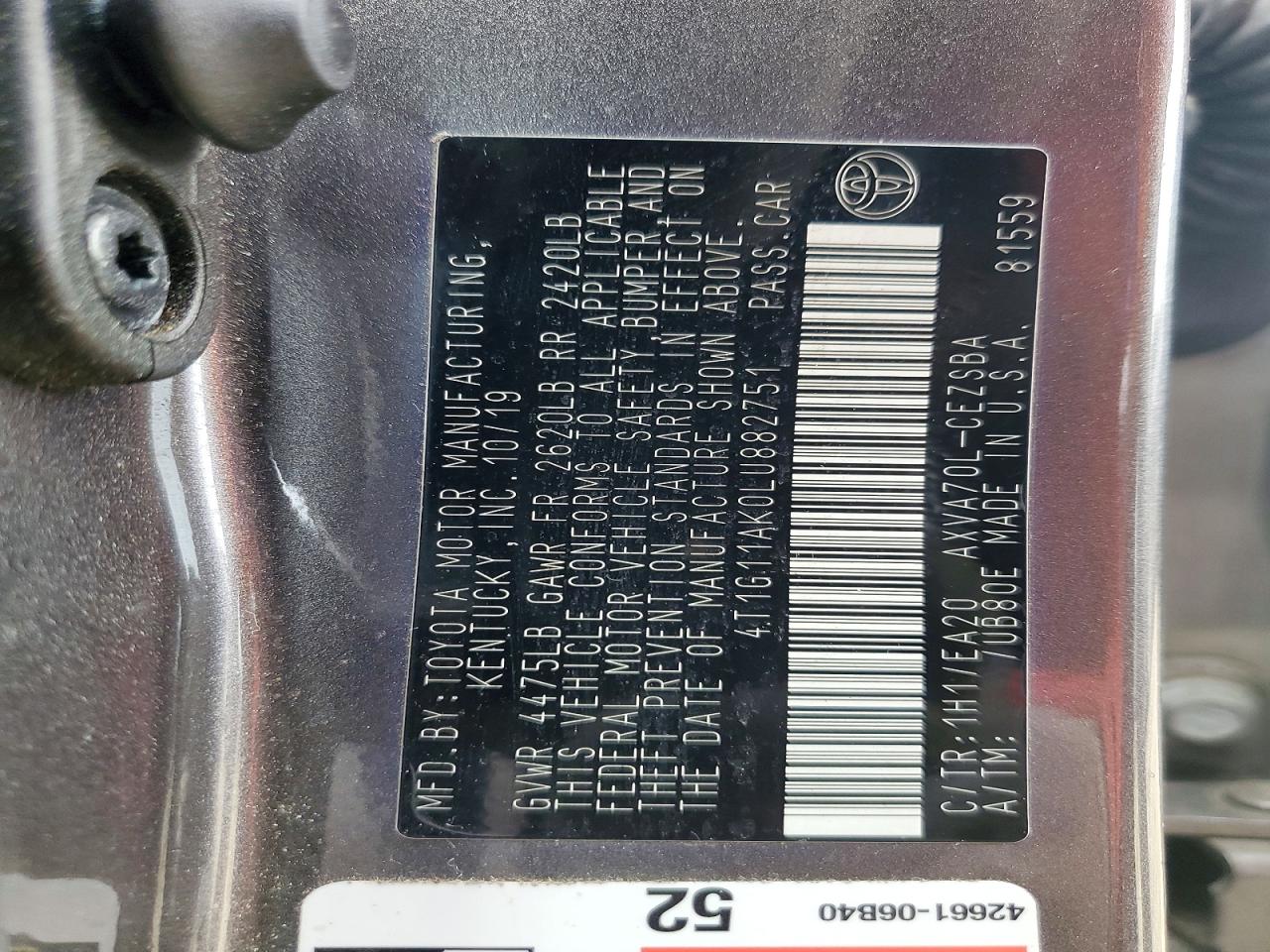 2020 Toyota Camry Se Серый vin: 4T1G11AK0LU882751