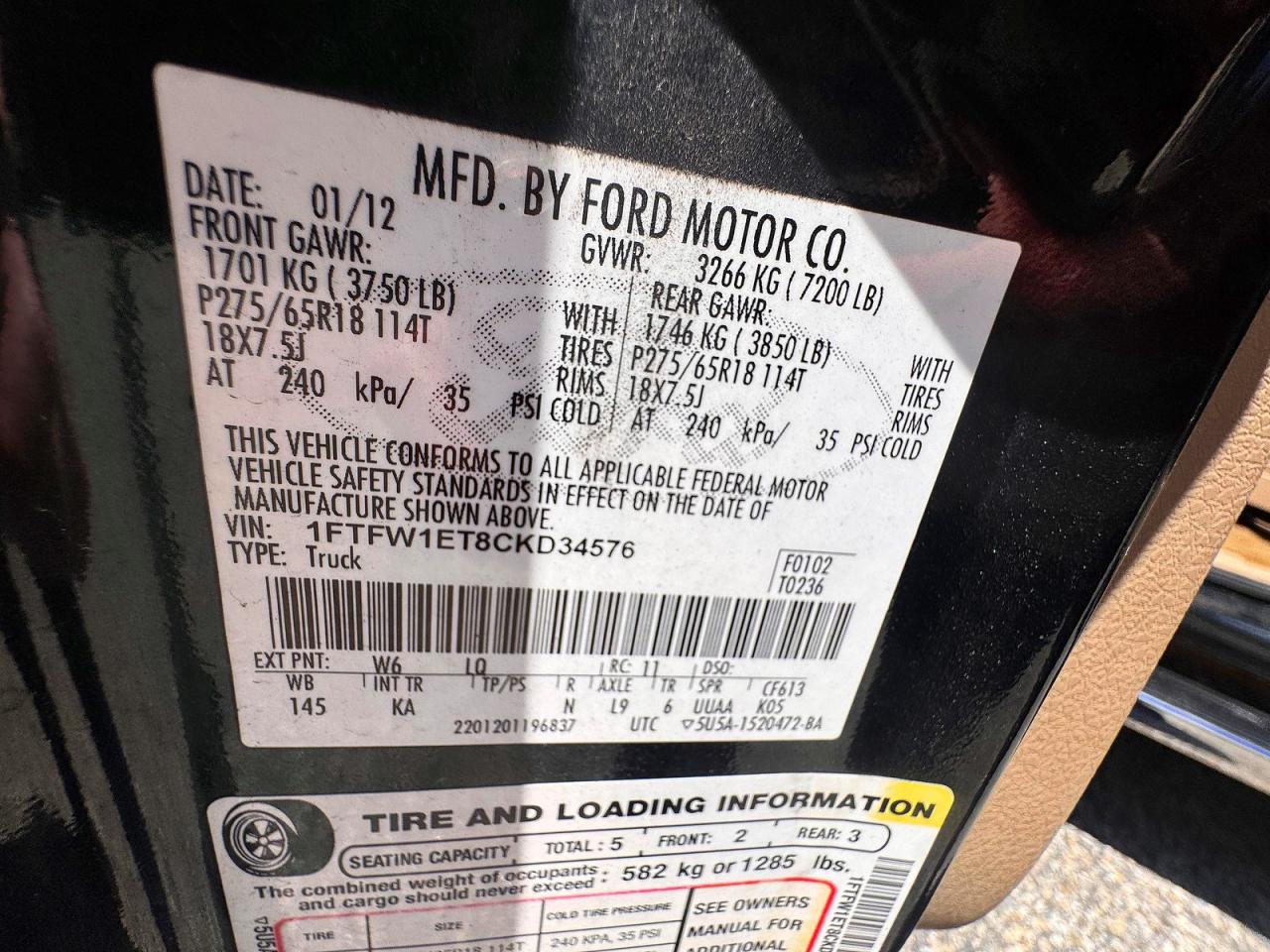 2012 Ford F150 Supercrew Black vin: 1FTFW1ET8CKD34576