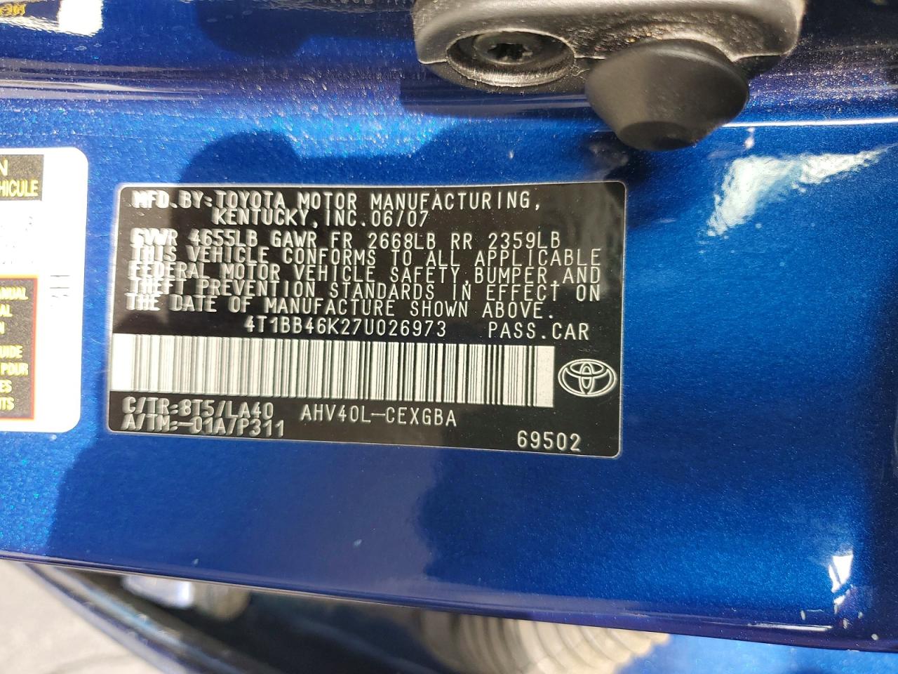 2007 Toyota Camry Hybrid Blue vin: 4T1BB46K27U026973