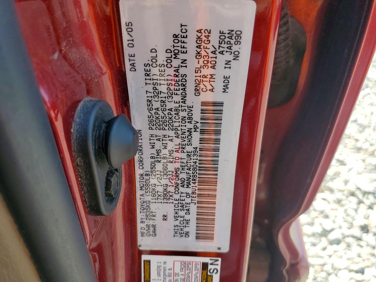 2005 Toyota 4runner Sr5 Red vin: JTEBU14R858041394