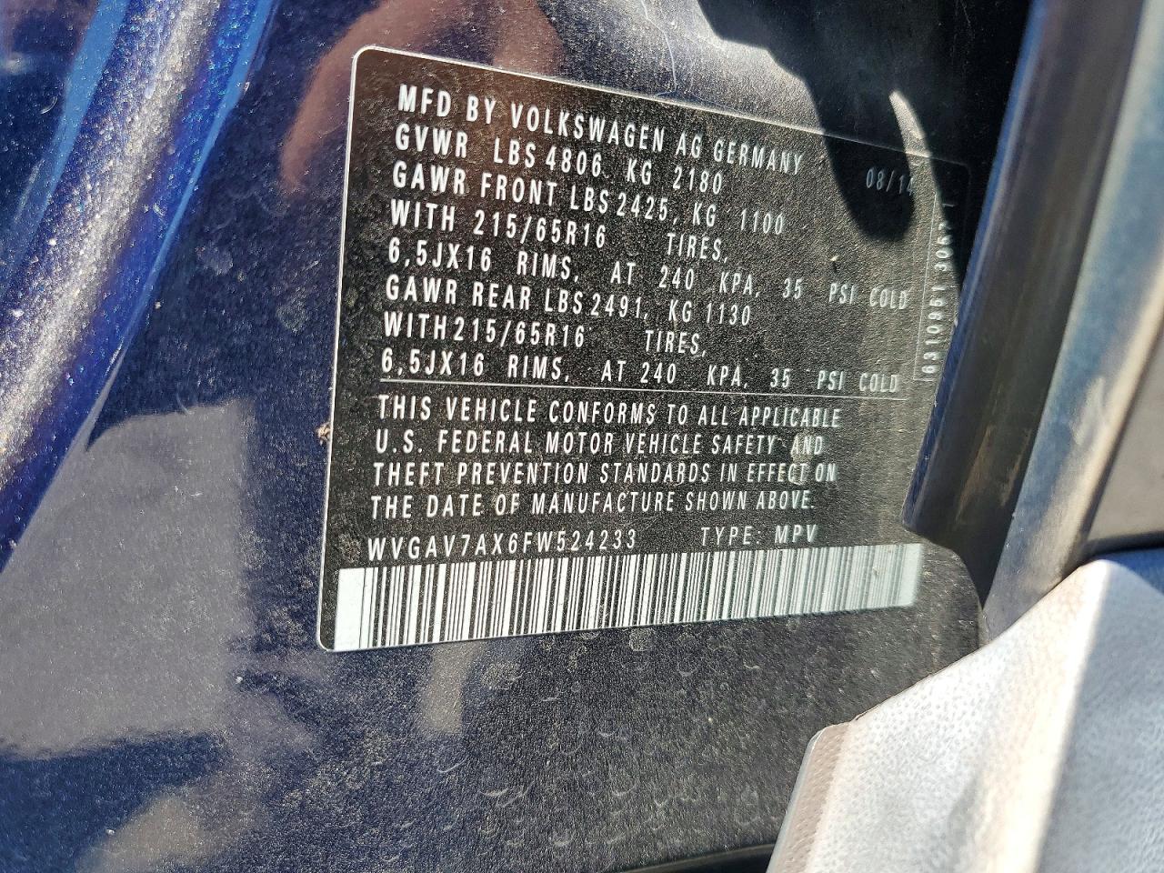2015 Volkswagen Tiguan S Синий vin: WVGAV7AX6FW524233
