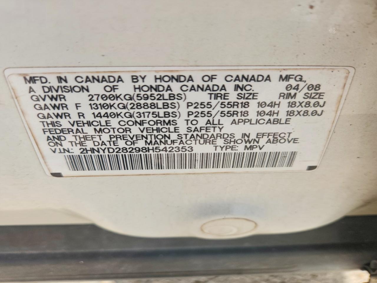 2008 Acura Mdx White vin: 2HNYD28298H542353