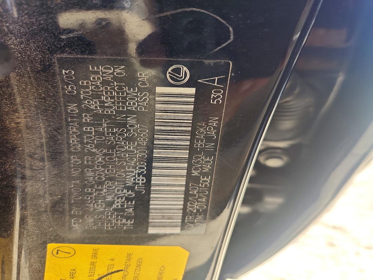2003 Lexus Es 300 Black vin: JTHBF30G730148607