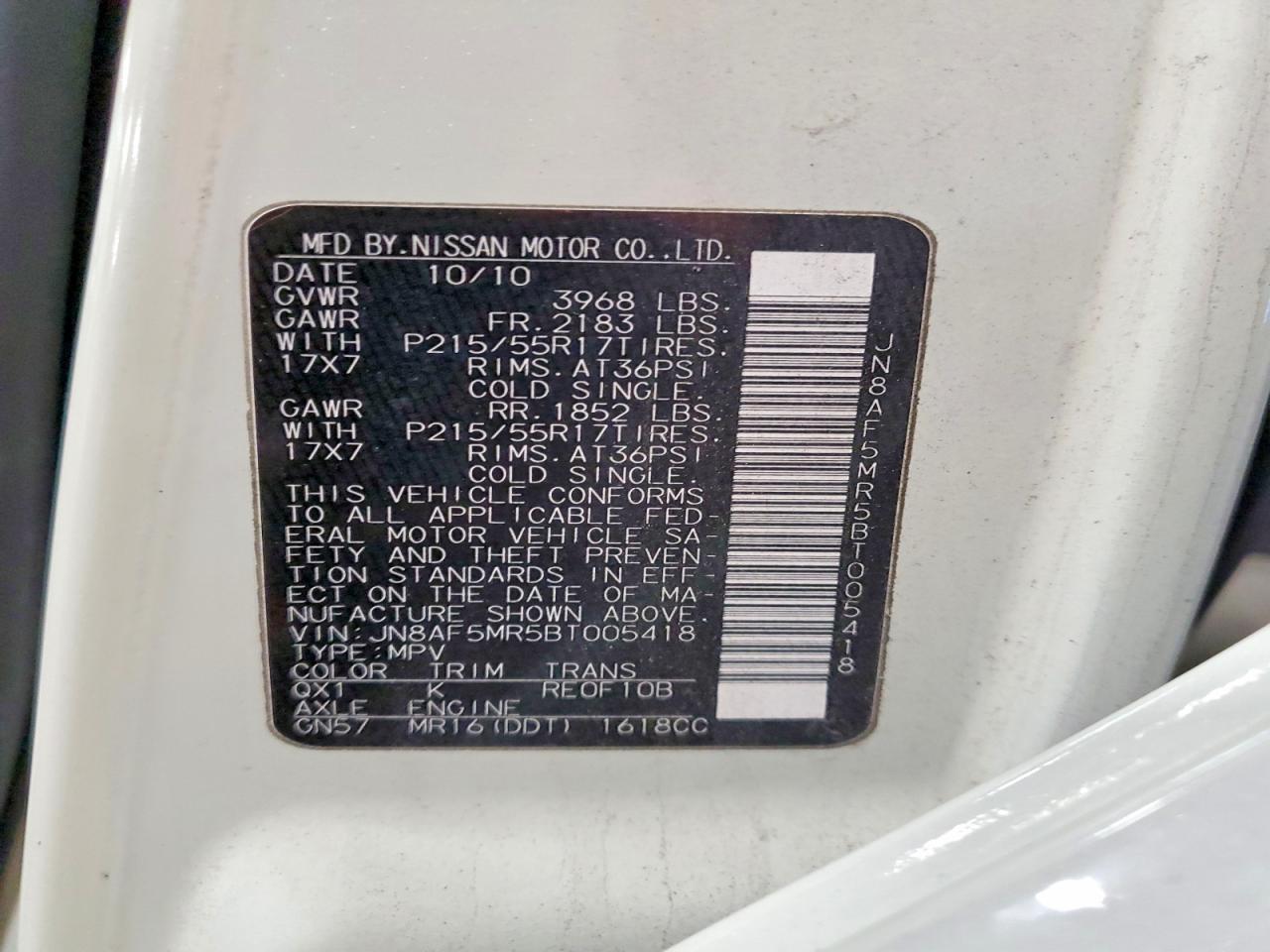 2011 Nissan Juke S White vin: JN8AF5MR5BT005418