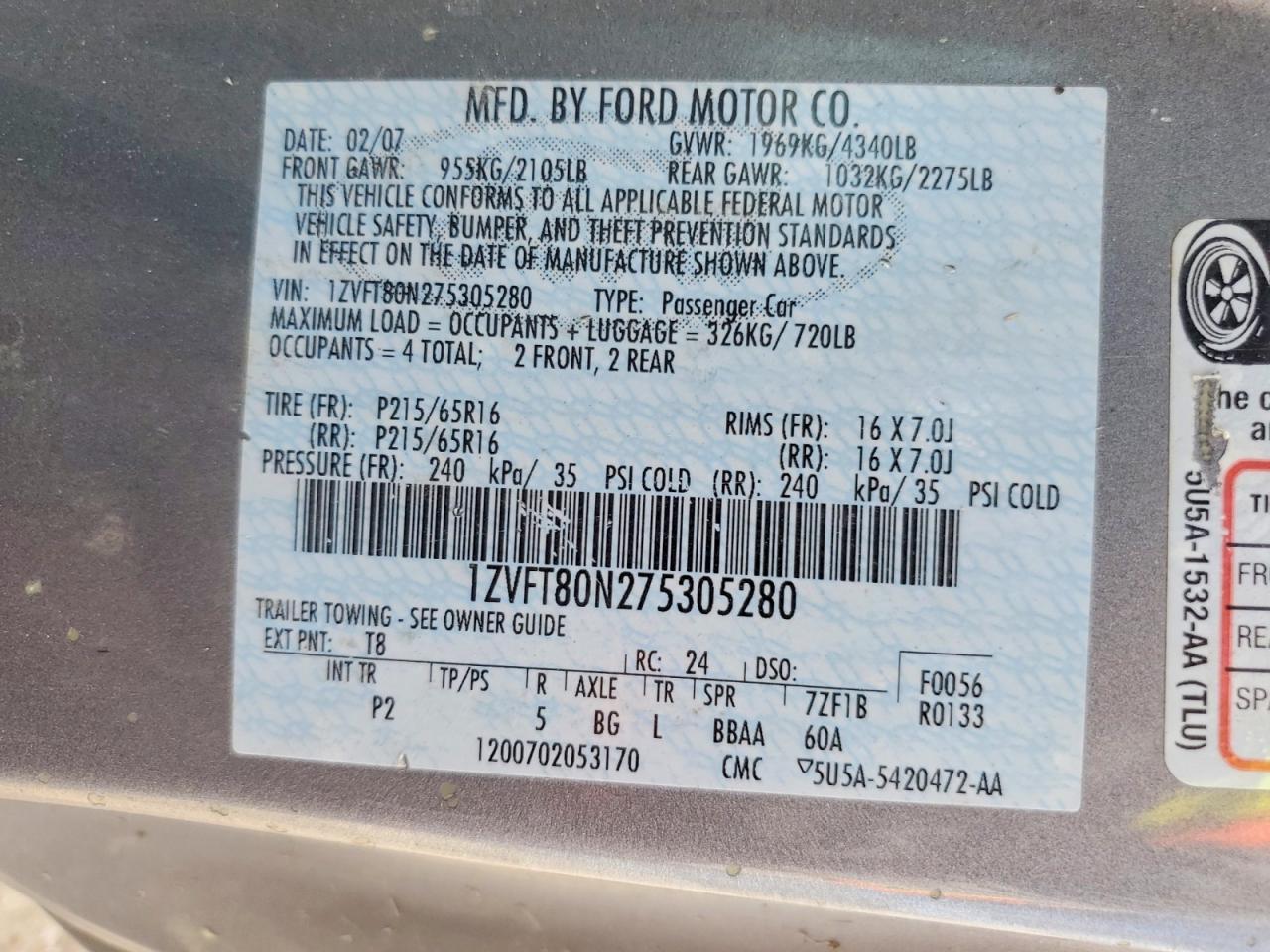 2007 Ford Mustang Gray vin: 1ZVFT80N275305280