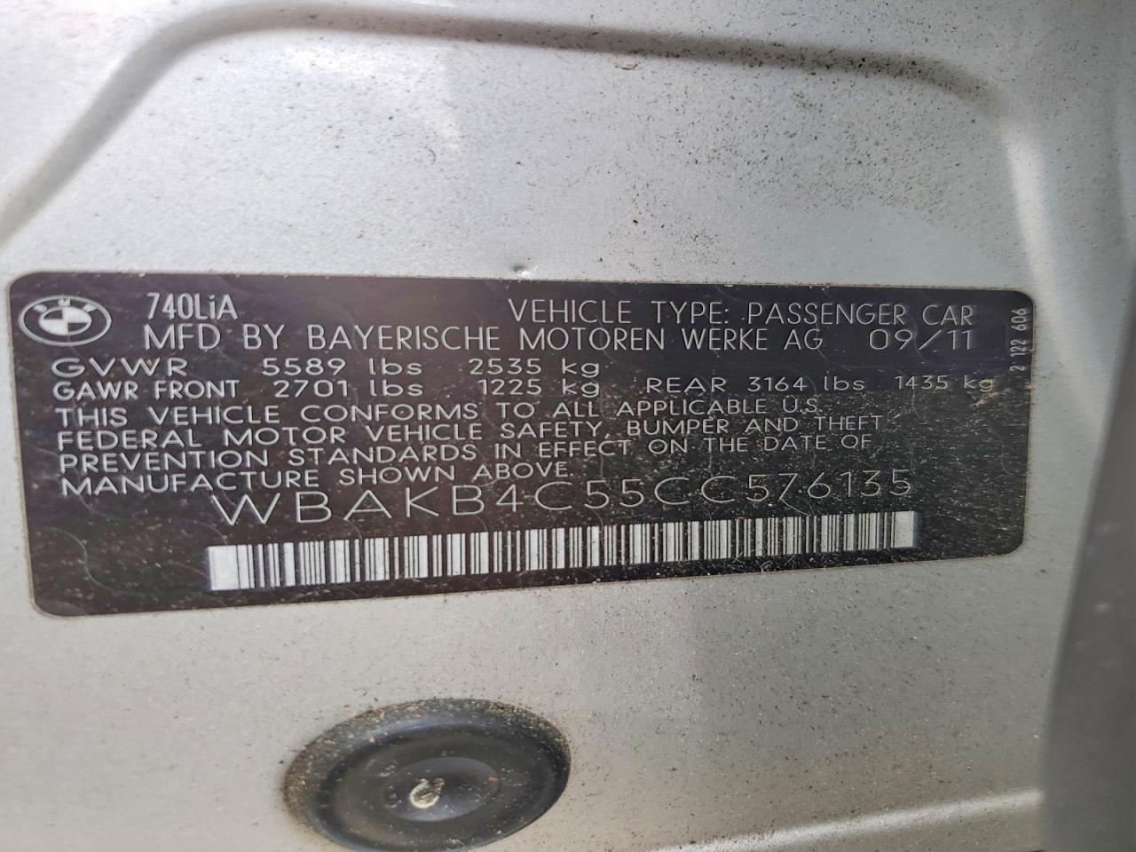 2012 Bmw 740 Li Silver vin: WBAKB4C55CC576135