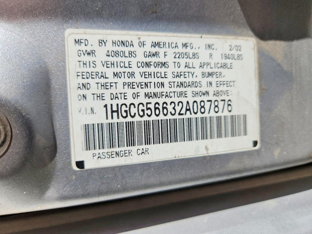2002 Honda Accord Ex Серебряный vin: 1HGCG56632A087876