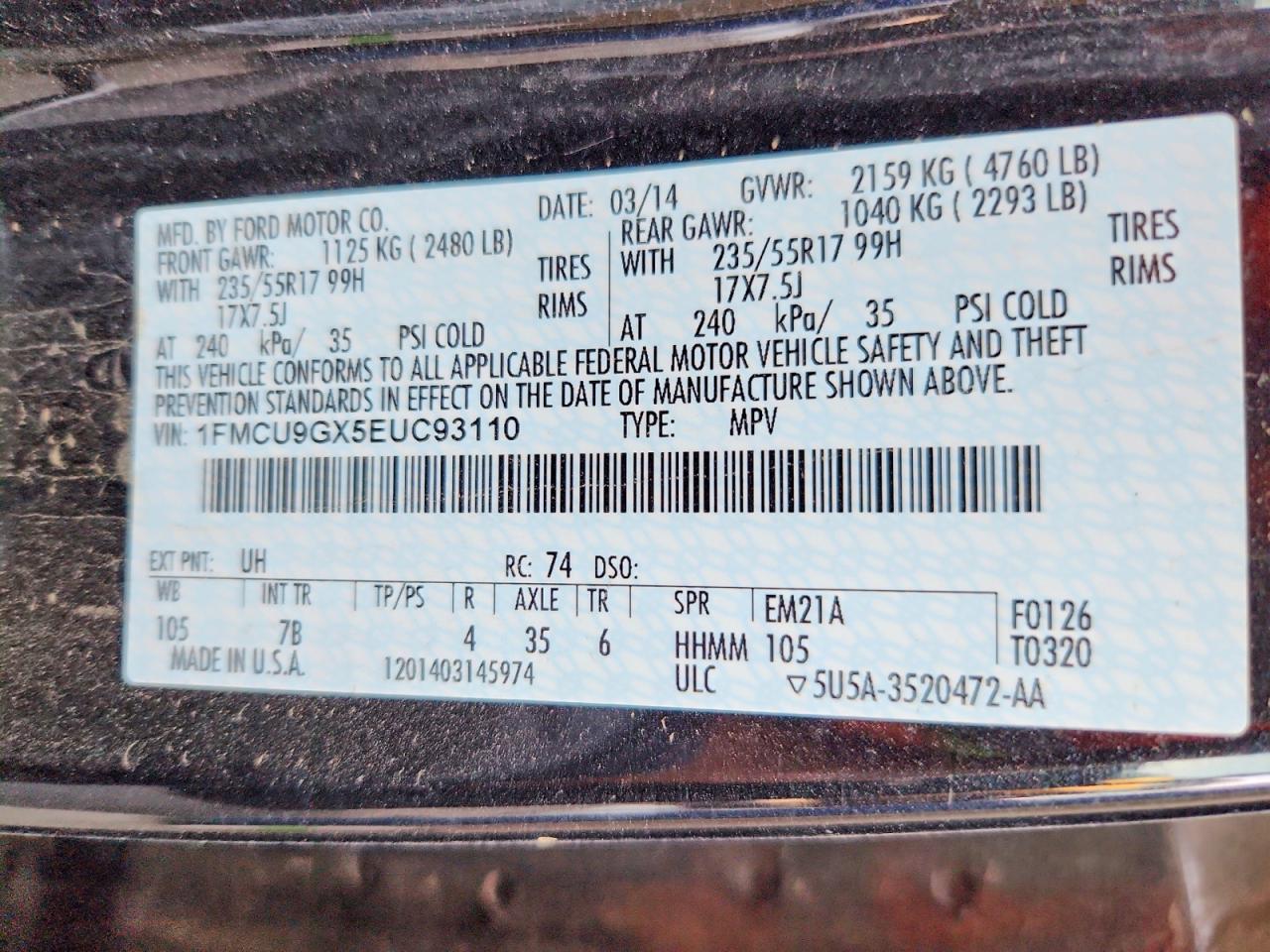 2014 Ford Escape Se Black vin: 1FMCU9GX5EUC93110