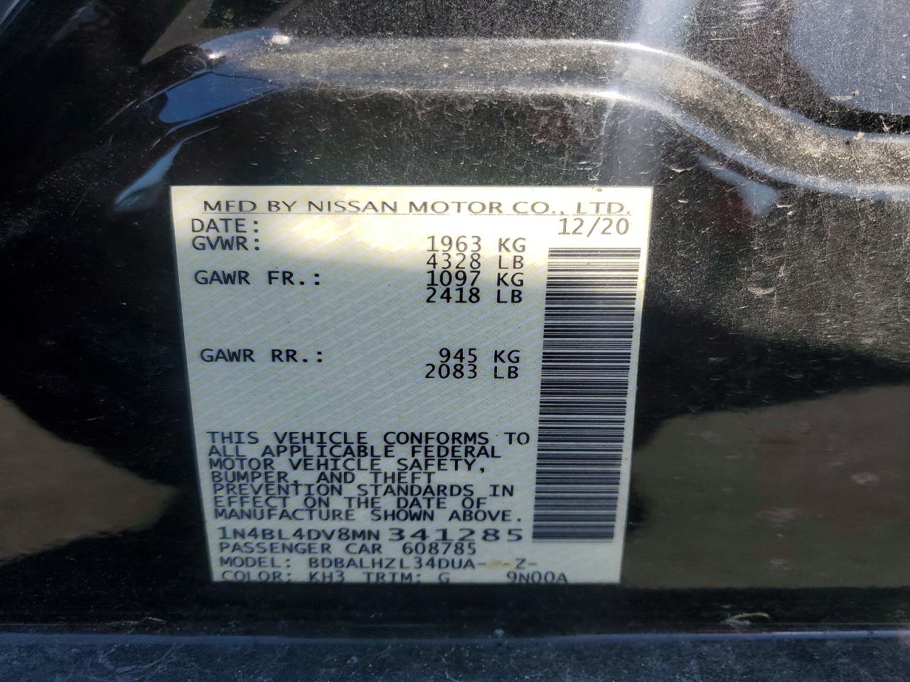 2021 Nissan Altima Sv Black vin: 1N4BL4DV8MN341285