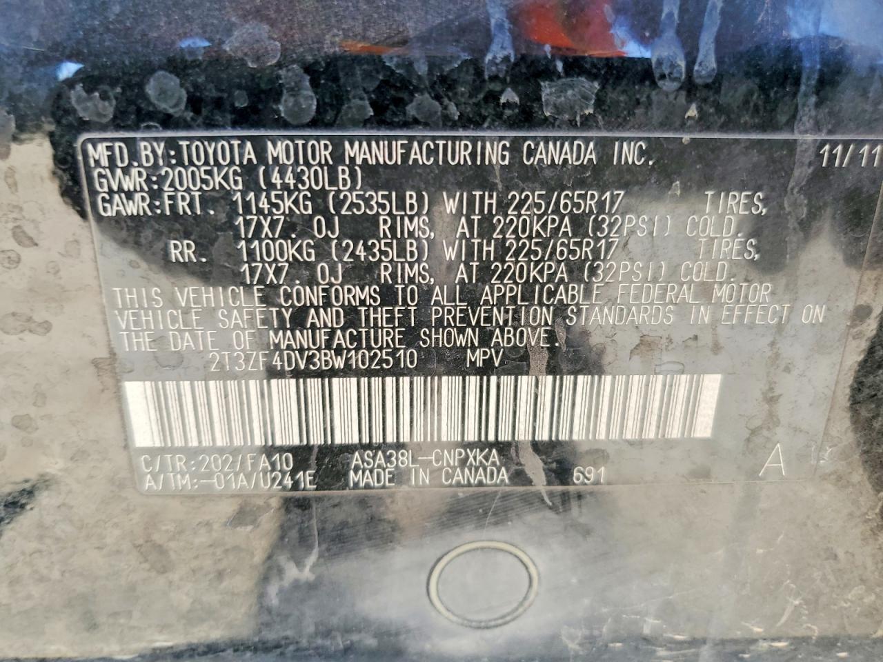 2011 Toyota Rav4 Base Black vin: 2T3ZF4DV3BW102510