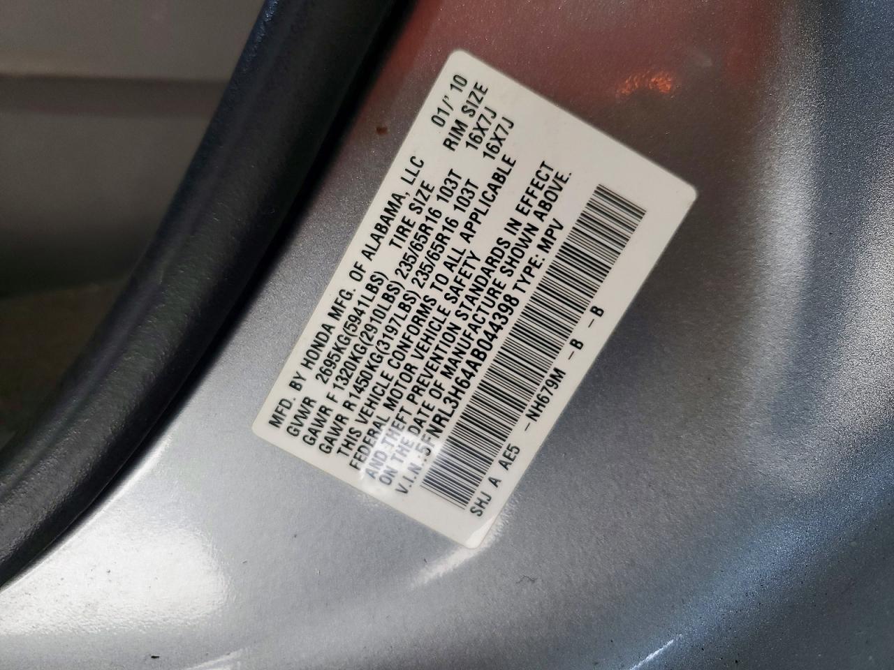 2010 Honda Odyssey Exl Blue vin: 5FNRL3H64AB044398