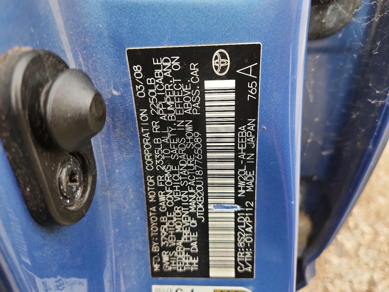 2008 Toyota Prius Base Blue vin: JTDKB20U187765089